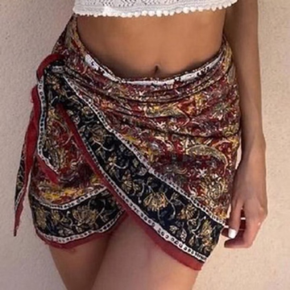 Zara Paisley Print Sarong Skirt Beaded Burgundy White - XL